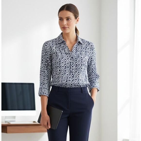grand & greene Tops - Navy and White Linen Blend Ikat Print Button Down Blouse Size S | Grand & Green